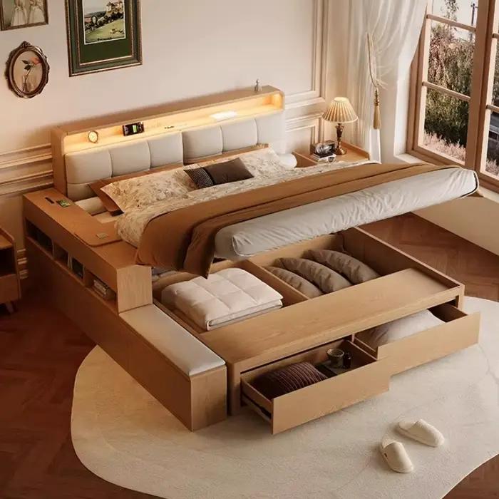 Lit européen en bois minimaliste moderne espace de rangement hôtel lit salon dormir femmes Muebles Para El Hogar meubles de maison