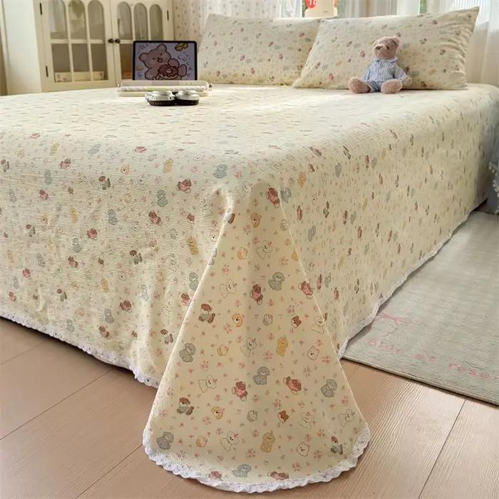 Drap de lit imprimé ours Kawaii, ultra doux, bord en dentelle, respirant, drap plat confortable, durable, lavable en machine, couvre-lit