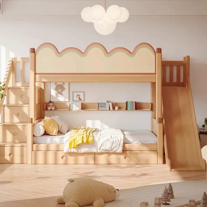 Lit superposé moderne en bois massif gris pour enfants, cadre de lit double, vente chaude, mobilier de chambre et de dortoir pour enfants