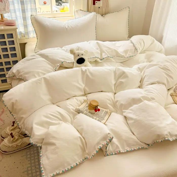 Parure de lit coréenne Ins Rainbow Edge, couleur unie, housse de couette brossée, douce et agréable pour la peau, pour lit simple ou double, 3/4 pièces