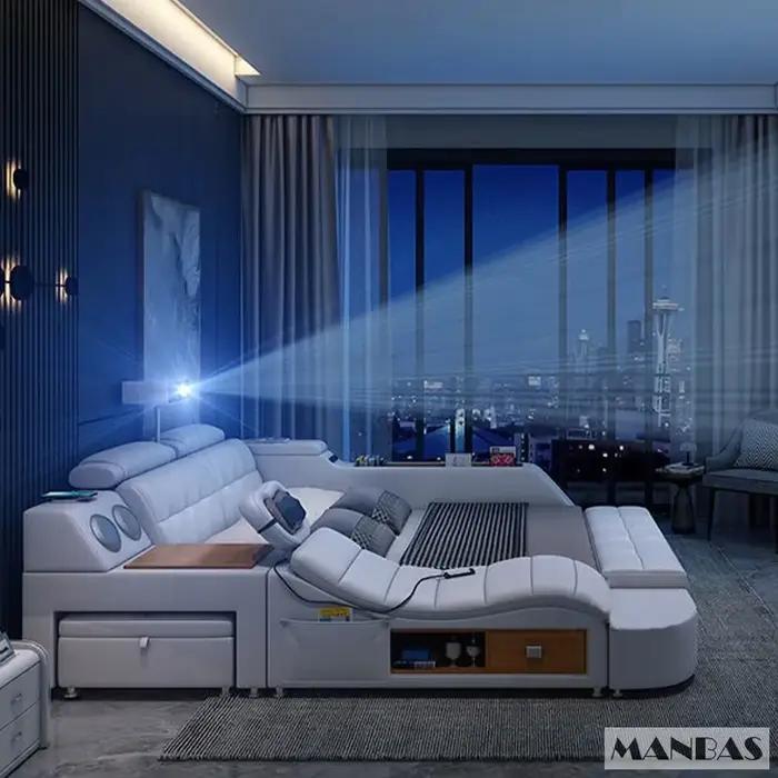 Lit Linlamlim Tech Smart en cuir véritable | Lits ultimes multifonctionnels | Lit Tatami de massage avec projecteur |