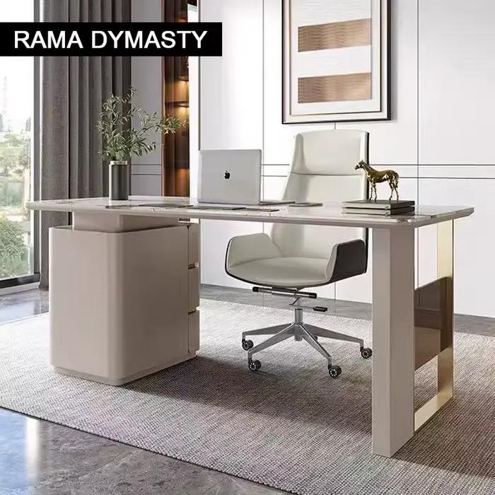 Bureau beige moderne à 3 tiroirs, bureau à domicile en bois, double socle