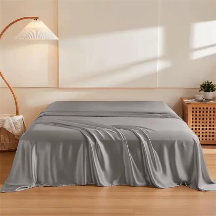 Drap plat en soie de mûrier naturelle 1 pièce, couleur unie, drap de lit haut de gamme, linge de lit lisse, tailles simple, double, queen, king, doux