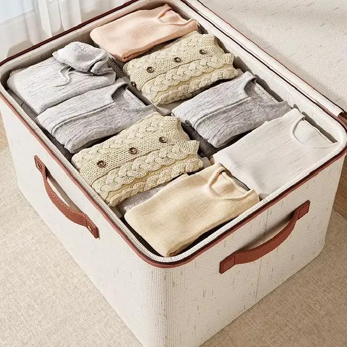 Grande boîte de rangement pour la maison, boîte de rangement robuste en coton et lin avec fermeture éclair et couvercle pour vêtements, jouets, couvertures