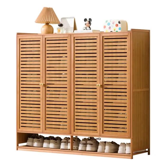 Armoire à chaussures légère et luxueuse en bambou à portes à persiennes