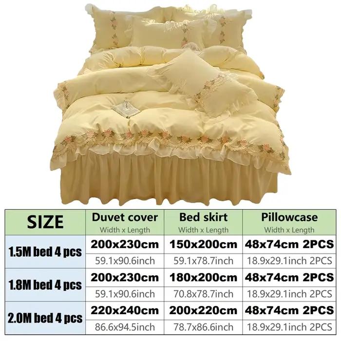 Ensemble de literie en dentelle brodée 4 pièces (housse de couette + drap + taie d'oreiller) Ensemble de couette confortable avec volants, couvre-lit