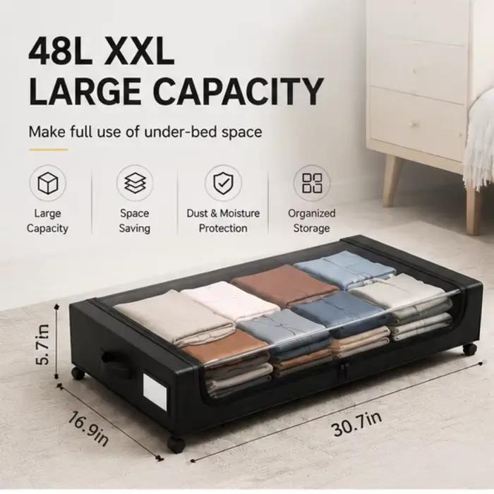 Bac de rangement sous lit transparent 48L avec couvercle