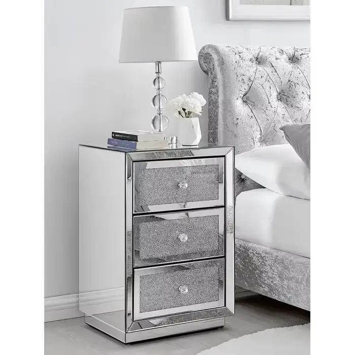 Mode de luxe moderne diamant concassé miroir 3 tiroirs rangement Table de chevet côté lit