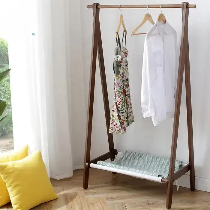 Meuble de chambre à coucher extensible marron, porte-manteau en bois massif