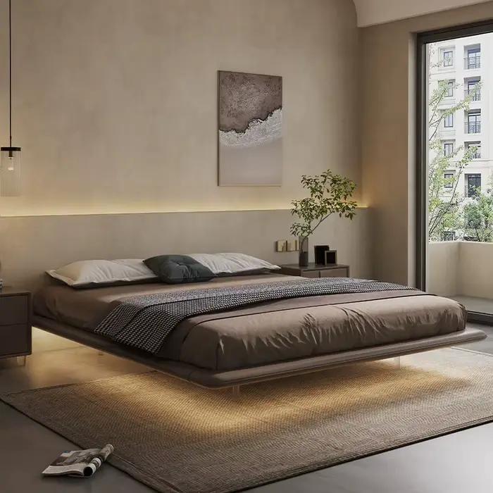 Lit Moderne Simple avec Rangement Flottant, Lit Double de Hôtel, Cadre en Bois, Meubles de Chambre Complet