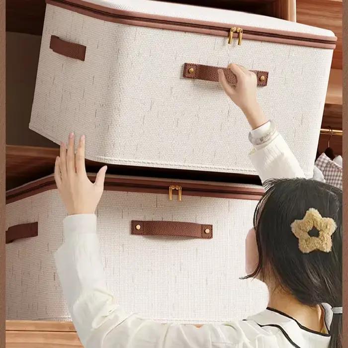 Grande boîte de rangement pour la maison, boîte de rangement robuste en coton et lin avec fermeture éclair et couvercle pour vêtements, jouets, couvertures