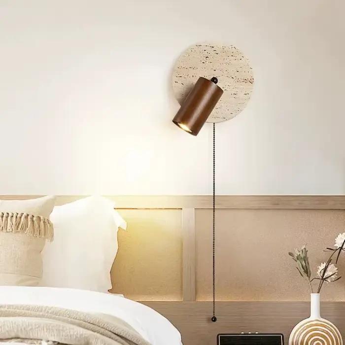 Lampe murale LED ronde en pierre pour chambre à coucher, lumière de lecture orientable avec interrupteur à tirette, couleur bois de noyer, décoration intérieure