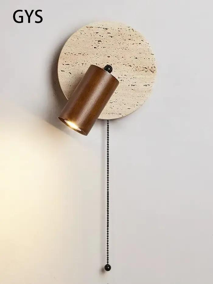 Lampe murale LED ronde en pierre pour chambre à coucher, lumière de lecture orientable avec interrupteur à tirette, couleur bois de noyer, décoration intérieure