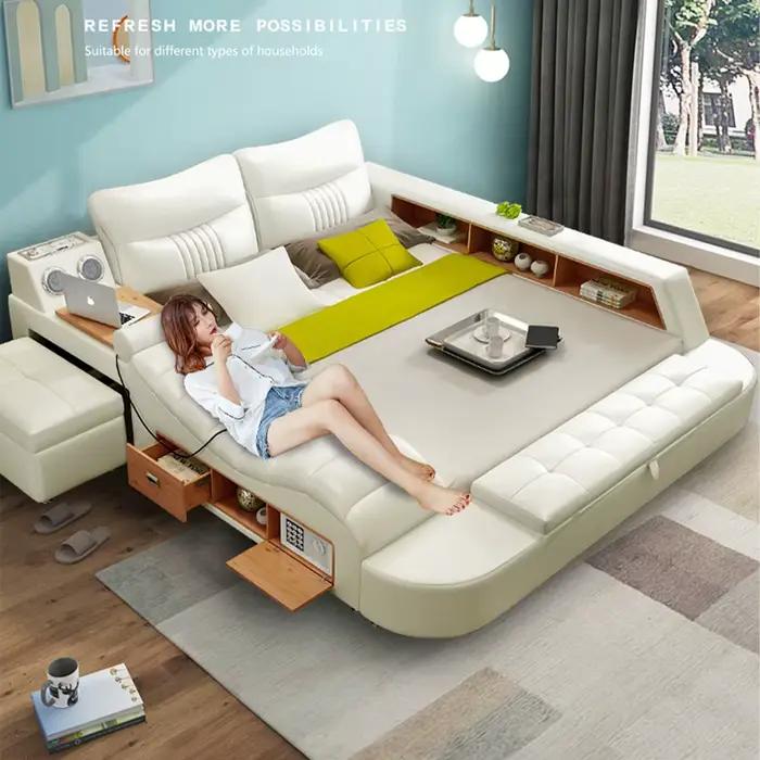 Lit tout-en-un, lit multifonctionnel de luxe en cuir véritable avec haut-parleur