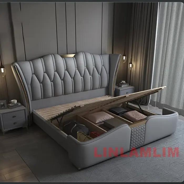 Linlamlim-Cadre de lit en cuir véritable avec accents dorés