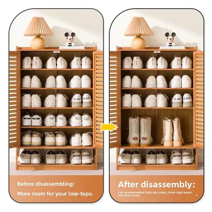 Armoire à chaussures légère et luxueuse en bambou à portes à persiennes