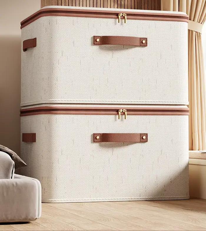 Grande boîte de rangement pour la maison, boîte de rangement robuste en coton et lin avec fermeture éclair et couvercle pour vêtements, jouets, couvertures