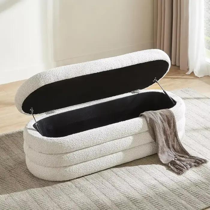 Un banc de rangement ottoman de 49,2 pouces, tissu rembourré, fin du lit, banc de rangement esthétique, grand pied de lit (ivoire)