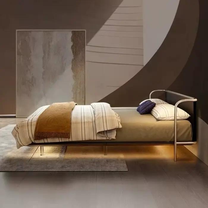 Lit 180x200 200x200 200x220cm Moderne de Luxe Suspendu en Acier Carbone, Lits et Cadres de Lit pour Chambre à Coucher, Lit Double Queen en Cuir Véritable