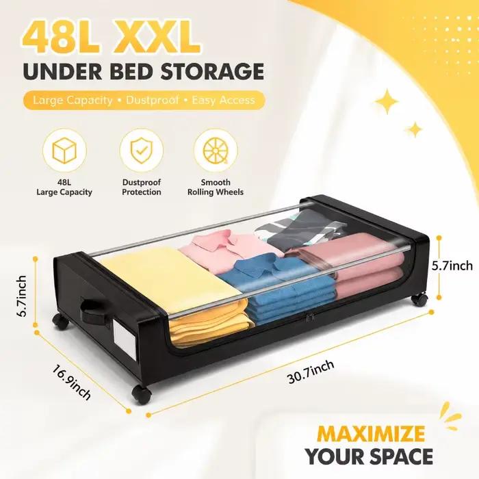 Bac de rangement sous lit transparent 48L avec couvercle