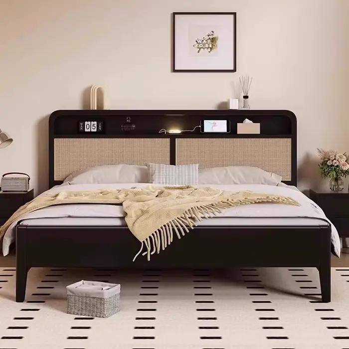 Lit tissé en rotin nordique minimaliste luxe moderne lit Double mortaise Tenon Structure Letto Matrimoniale meubles de chambre