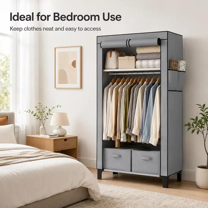 Armoire en toile grise avec 2 barres de suspension