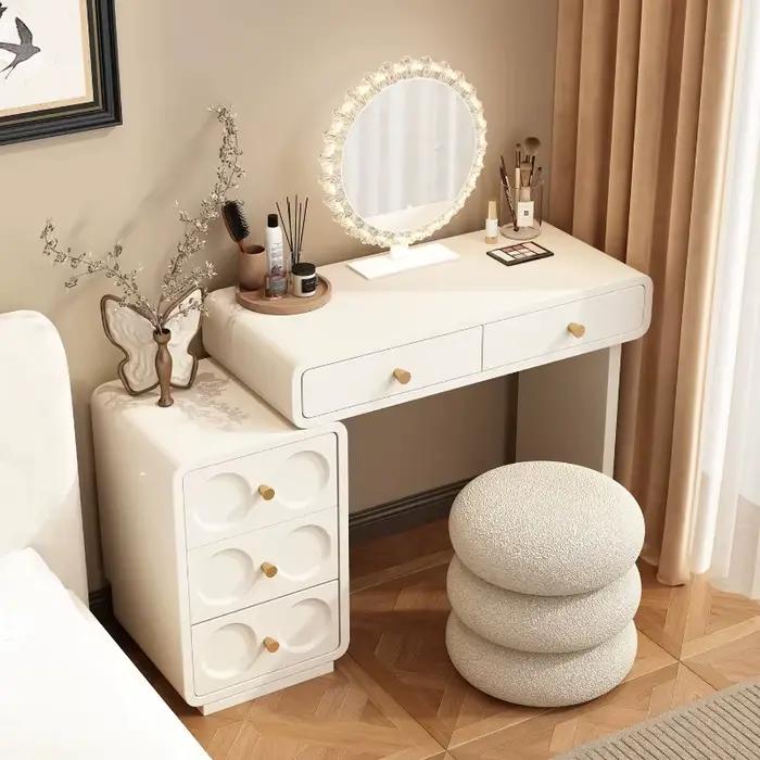 Coiffeuse de chambre blanche style ferme avec étagères de chevet et rangement pour maquillage et café, en liquidation, mobilier de maison