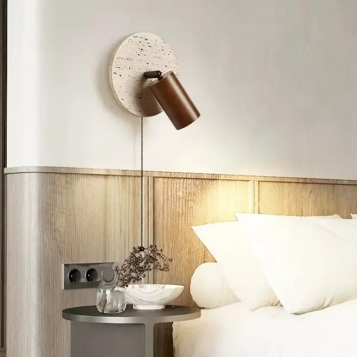 Lampe murale LED ronde en pierre pour chambre à coucher, lumière de lecture orientable avec interrupteur à tirette, couleur bois de noyer, décoration intérieure