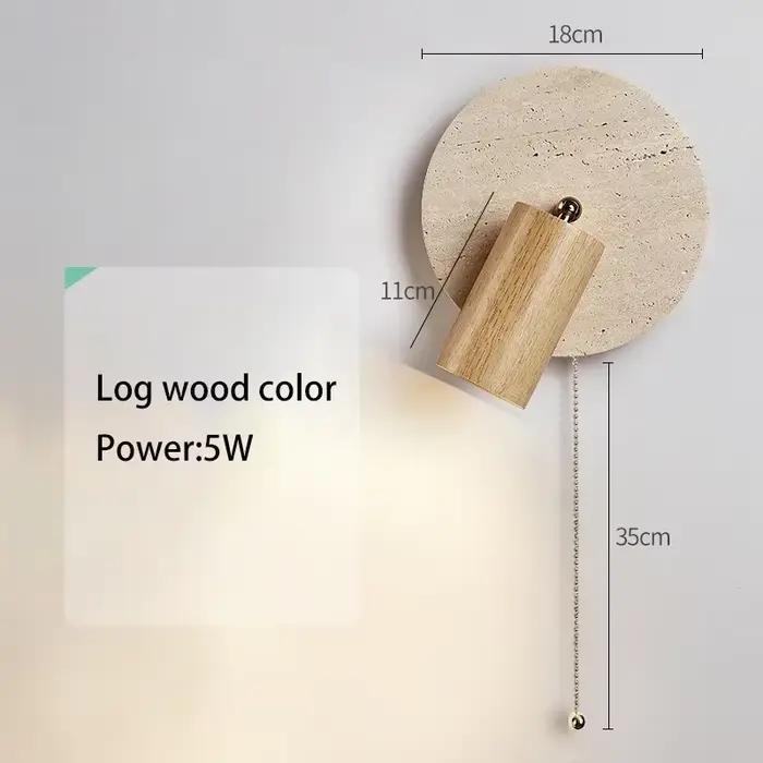 Lampe murale LED ronde en pierre pour chambre à coucher, lumière de lecture orientable avec interrupteur à tirette, couleur bois de noyer, décoration intérieure