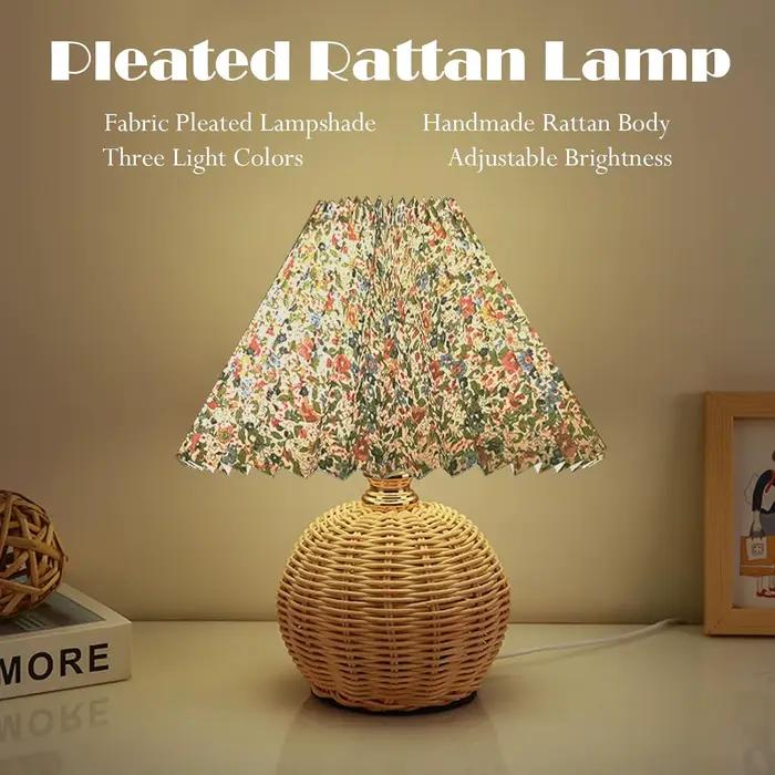 Lampe de Table Vintage en osier avec abat-jour plissé