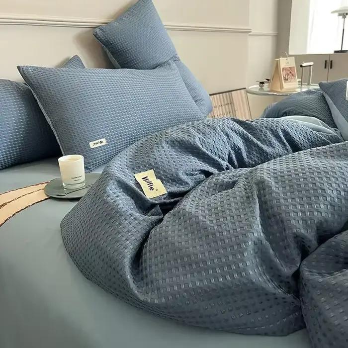 Ensemble de literie de luxe en coton gaufré lavable léger