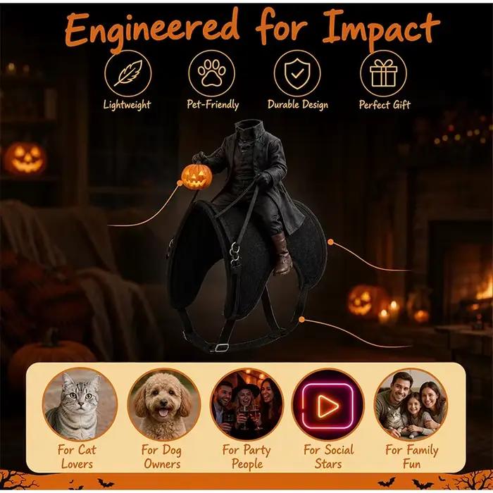 Costume de chat cavalier sans tête, costume d'Halloween effrayant en 3D pour chien, accessoires de déguisement pour animaux de compagnie, convient aux petits chats et chiens.