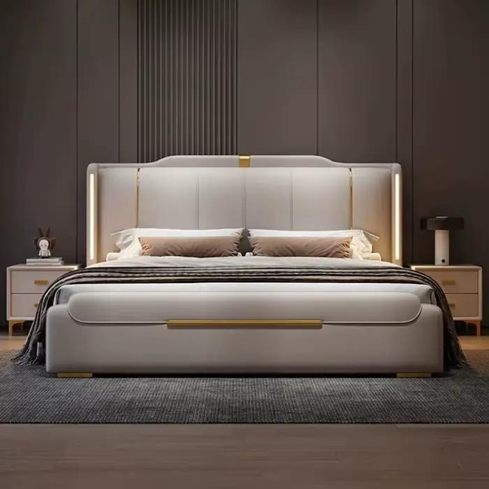 Cadre de lit Queen-size capitonné de luxe en cuir et bois massif, lit double Queen-size avec rangement pour la chambre à coucher, pour la maison ou l'hôtel.