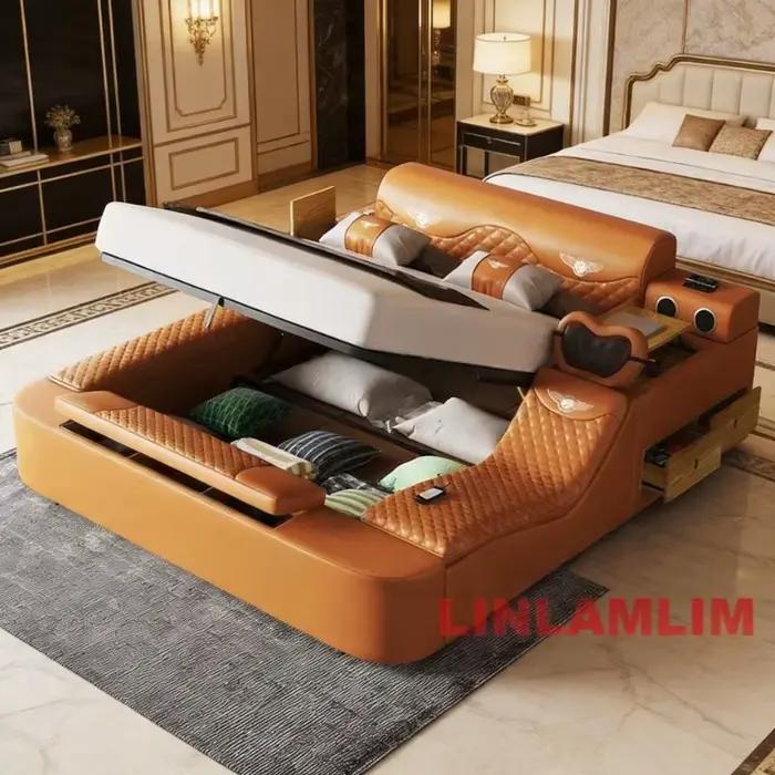 Lit tout-en-un, cadre de lit plateforme luxueux rembourré avec rangement