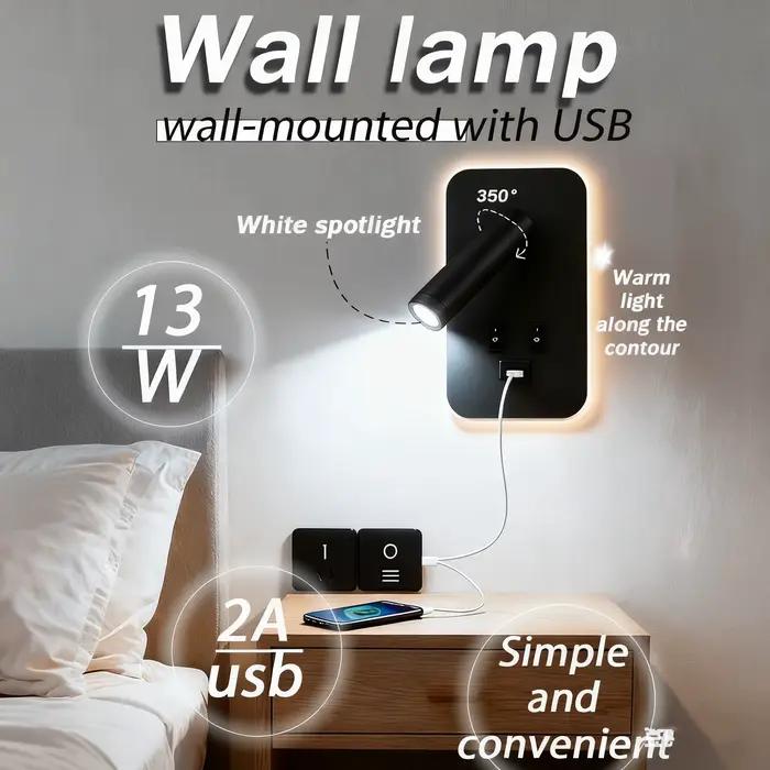Lampe murale de lecture avec USB 13W, applique murale de chevet rotative, Double interrupteur, spots LED pour chambre à coucher