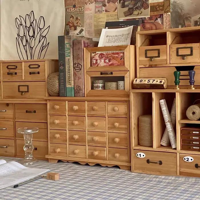 Armoire de rangement miniature à 16 tiroirs en bois, coffre organisateur rustique en cèdre, boîte à tiroirs vintage style ferme pour bijoux et artisanat