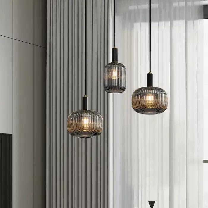 Lampes suspendues de chevet éclairage en verre Simple rayé vintage petite lampe suspendue galvanisé or vert verre droplight loft