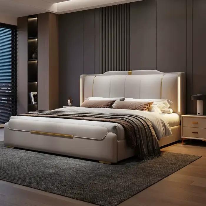 Cadre de lit Queen-size capitonné de luxe en cuir et bois massif, lit double Queen-size avec rangement pour la chambre à coucher, pour la maison ou l'hôtel.