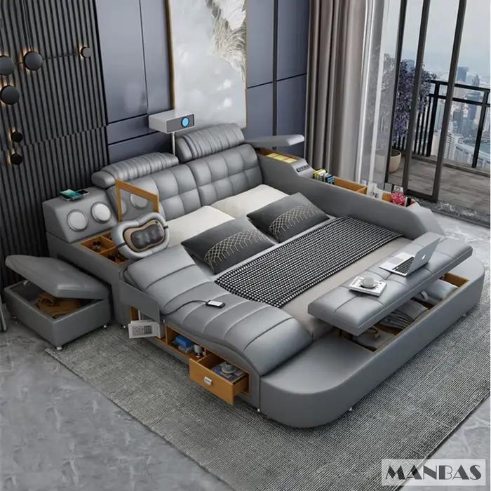 Lit Linlamlim Tech Smart en cuir véritable | Lits ultimes multifonctionnels | Lit Tatami de massage avec projecteur |