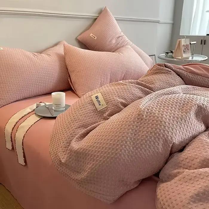 Ensemble de literie de luxe en coton gaufré lavable léger