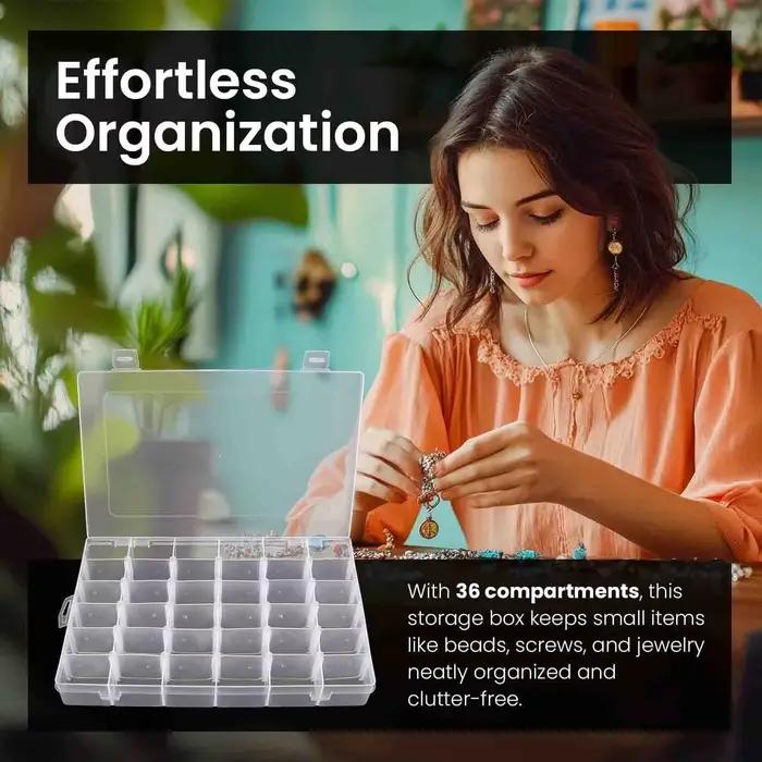 Boîte de rangement en plastique transparent à 36 compartiments avec séparateurs réglables — Idéale pour ranger des