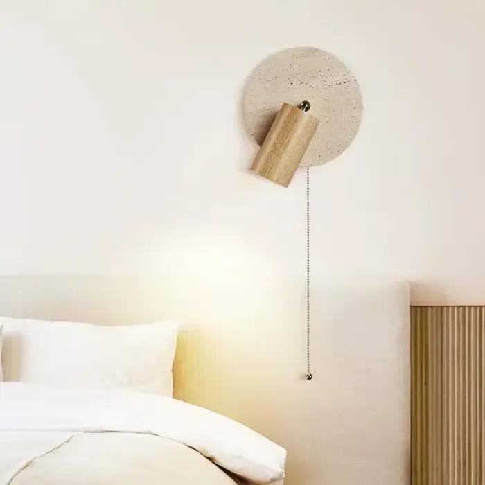 Lampe murale LED ronde en pierre pour chambre à coucher, lumière de lecture orientable avec interrupteur à tirette, couleur bois de noyer, décoration intérieure