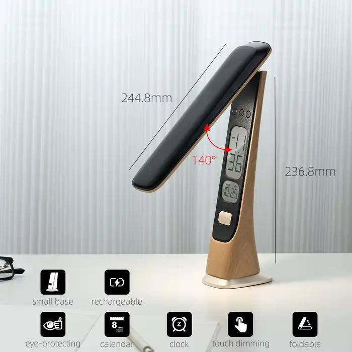 WILIT Lampe de bureau LED avec affichage de l'heure, veilleuse rechargeable, protection des yeux pliable, lampe de lecture pour bureau, cadeaux pour étudiants