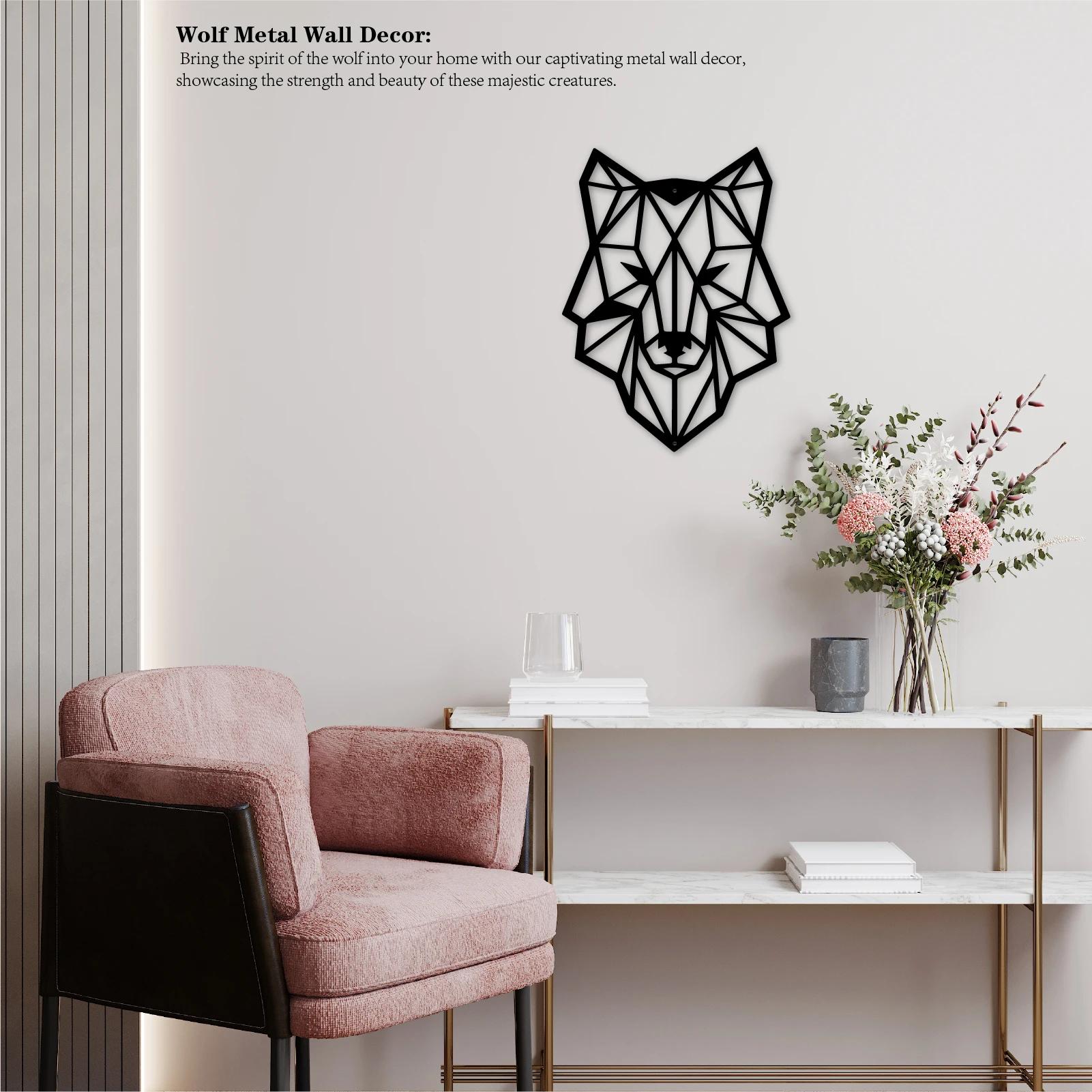Art mural géométrique en métal représentant une tête de loup pour salon, chambre à coucher, bureau –