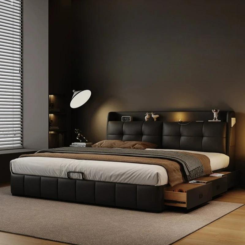 Lit double noir Queen Size avec tiroirs de rangement et têtes de lit, pour chambre principale, mobil