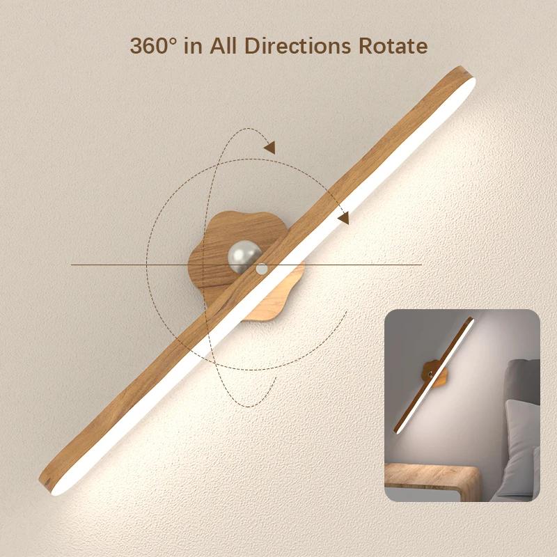 Lampe murale magnétique rotative, sans perçage 360° °   Lampe de chevet rotative, lampe de lecture LED à effet bois, blanc chaud/blanc froid