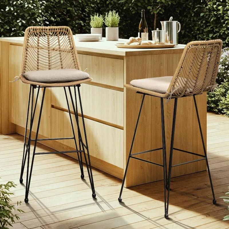 Tabouret de bar haut scandinave en rotin tressé, chaise de comptoir pour extérieur et intérieur, siège de loisirs pour balcon, réception, café, restaurant, mobilier