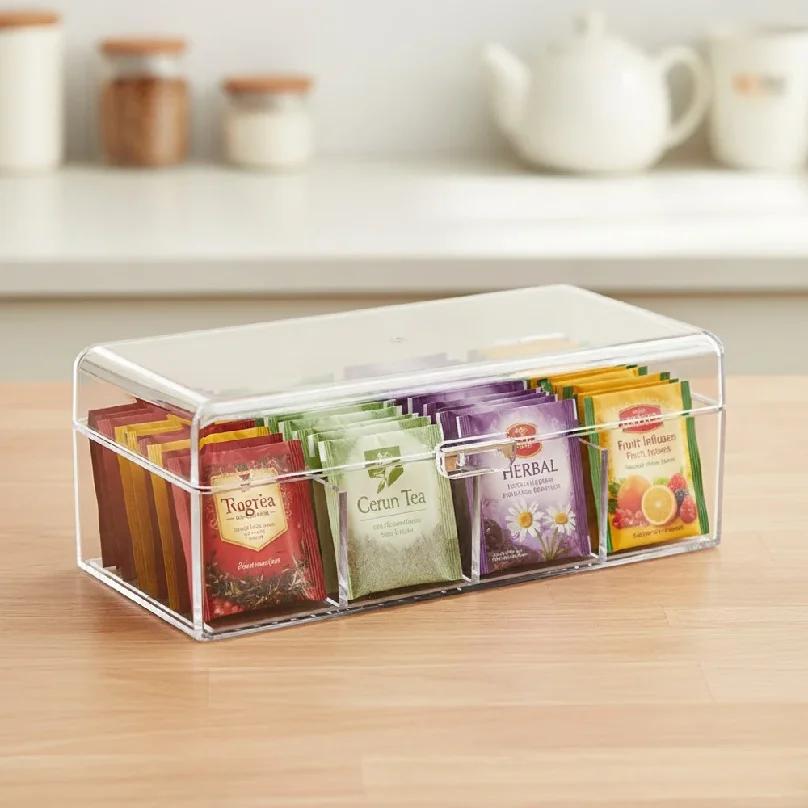 Boîte de rangement à 4 compartiments avec couvercle, boîte de rangement pour sachets de thé, organisateur de rangement alimentaire, anti-poussière, multifonctionnel pour cosmétiques, papeterie