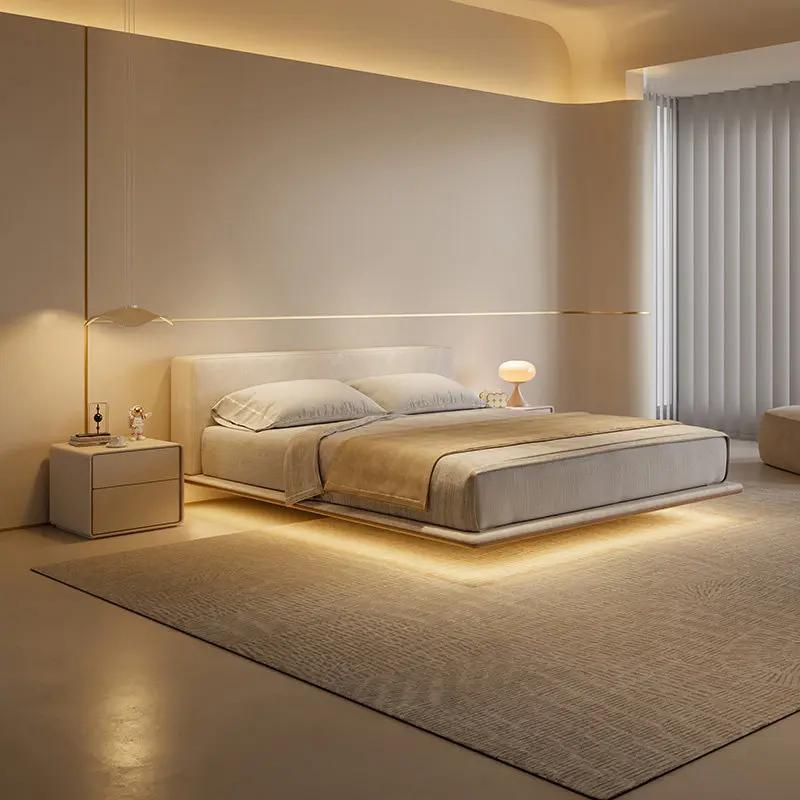 Lit 200x220 180x200cm Crème Style Luxe Tissu Cadre de lit Queen Size Moderne Luxe Simple Chambre à coucher Lits et cadres de lit Meubles