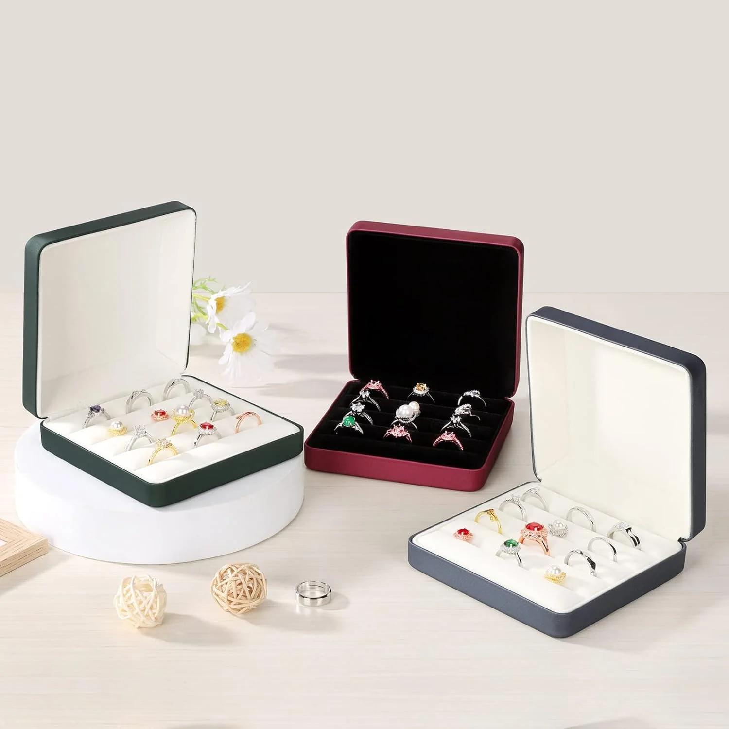 Boîte de rangement à anneaux multiples en cuir velours, organisateur de voyage Portable, support élégant et Compact à 3 fentes, cadeau parfait pour femmes et filles